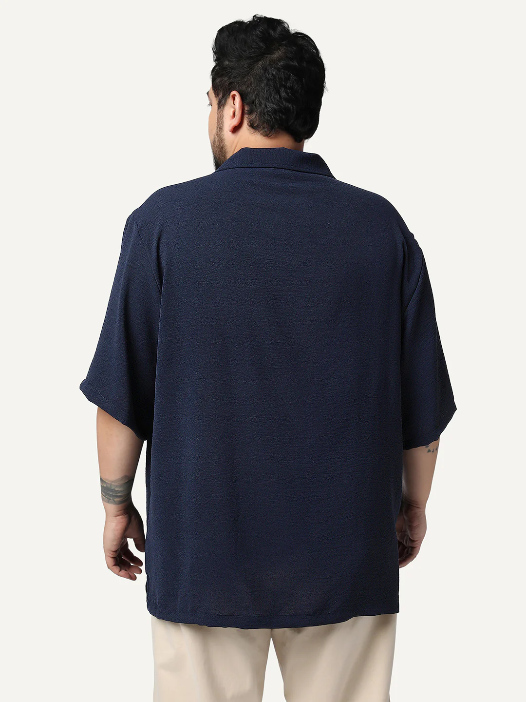 Plus Men's Navy Cotton Half Sleeve Relaxed Fit Textured Shirt with Cuban Collar - Image 3