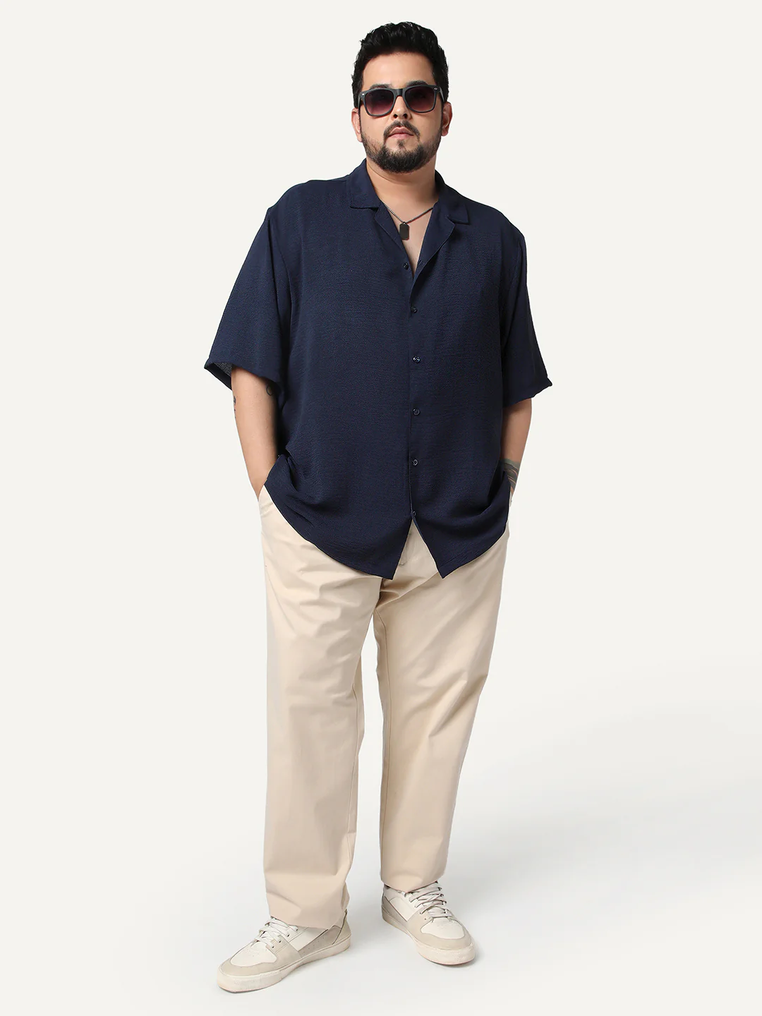 Plus Men's Navy Cotton Half Sleeve Relaxed Fit Textured Shirt with Cuban Collar - Image 4
