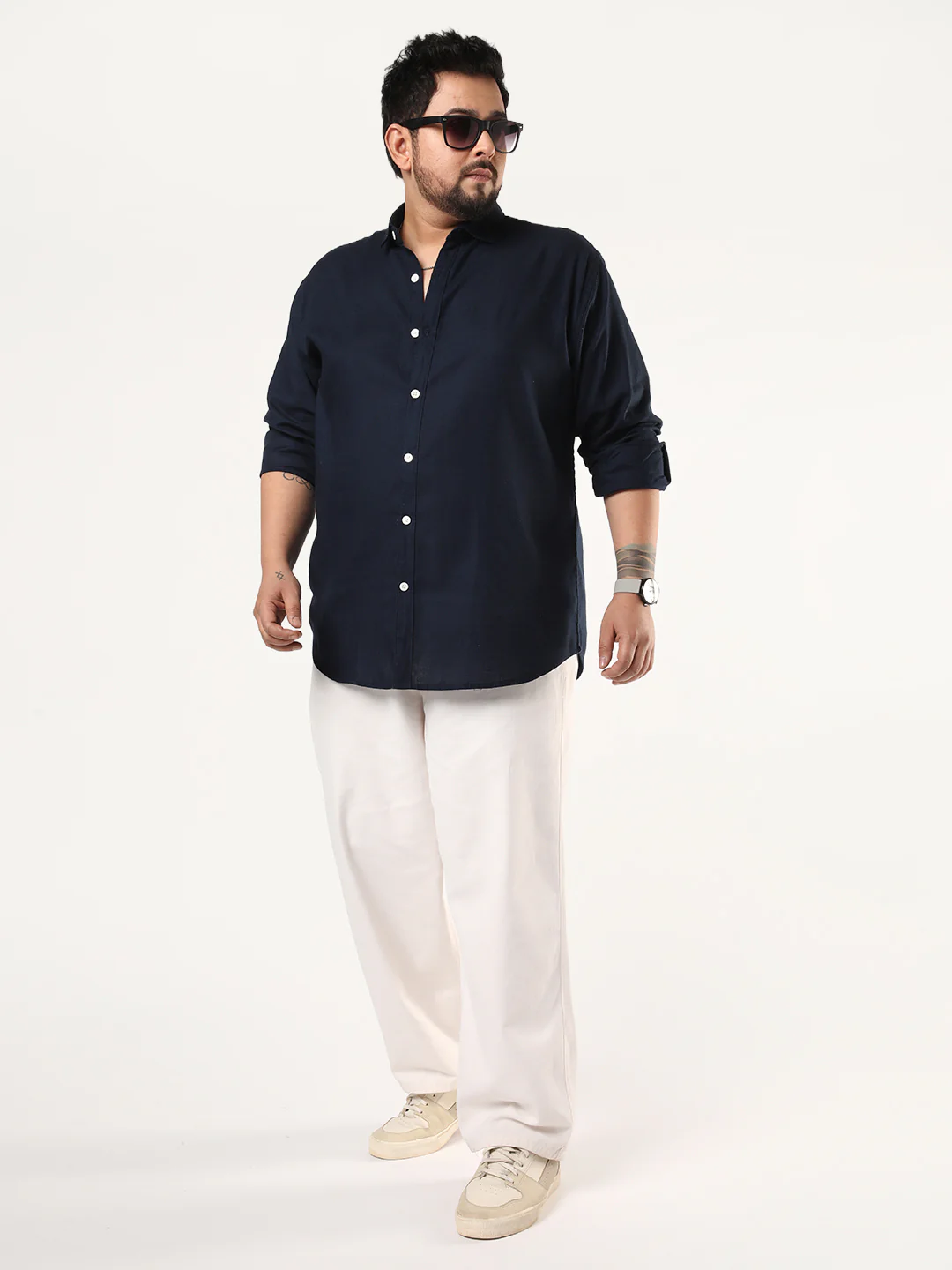 Plus Men's Navy Linen Blend Full Sleeve Relaxed Fit Casual Solid Shirt - Image 4