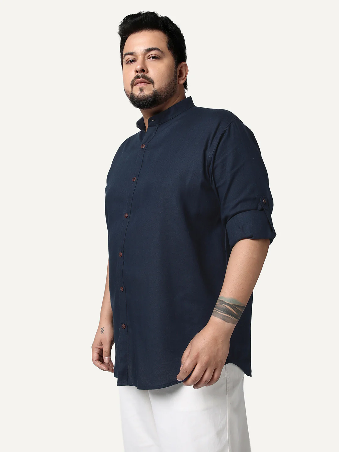 Plus Men's Navy Linen Blend Full Sleeve Relaxed Fit Mandarin Collar Casual Solid Shirt - Image 2
