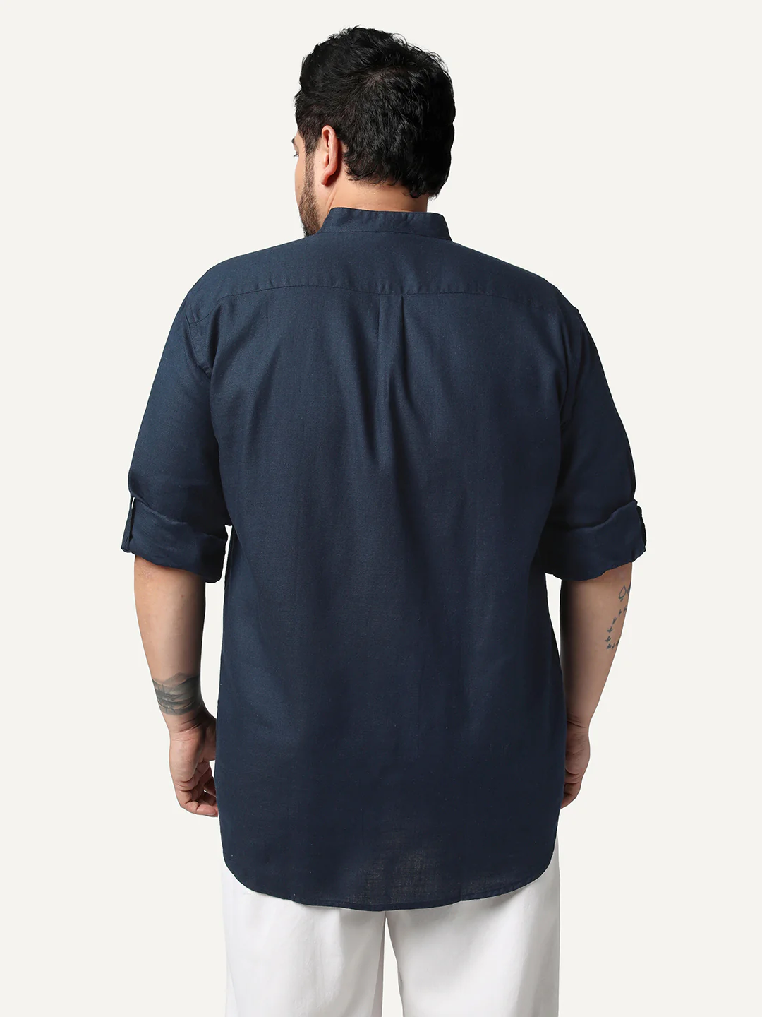 Plus Men's Navy Linen Blend Full Sleeve Relaxed Fit Mandarin Collar Casual Solid Shirt - Image 3