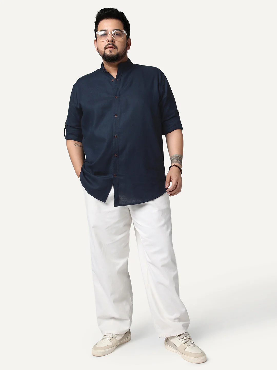 Plus Men's Navy Linen Blend Full Sleeve Relaxed Fit Mandarin Collar Casual Solid Shirt - Image 4