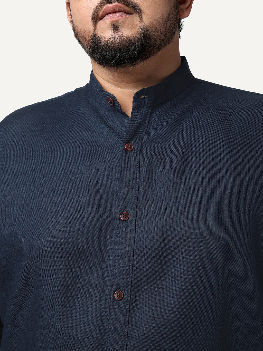 Plus Men's Navy Linen Blend Full Sleeve Relaxed Fit Mandarin Collar Casual Solid Shirt - Image 5
