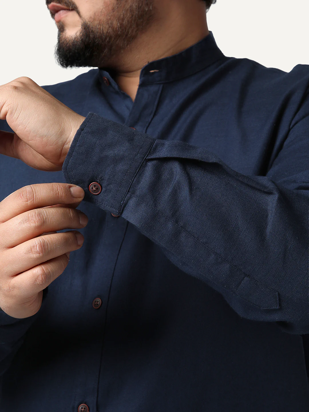 Plus Men's Navy Linen Blend Full Sleeve Relaxed Fit Mandarin Collar Casual Solid Shirt - Image 6