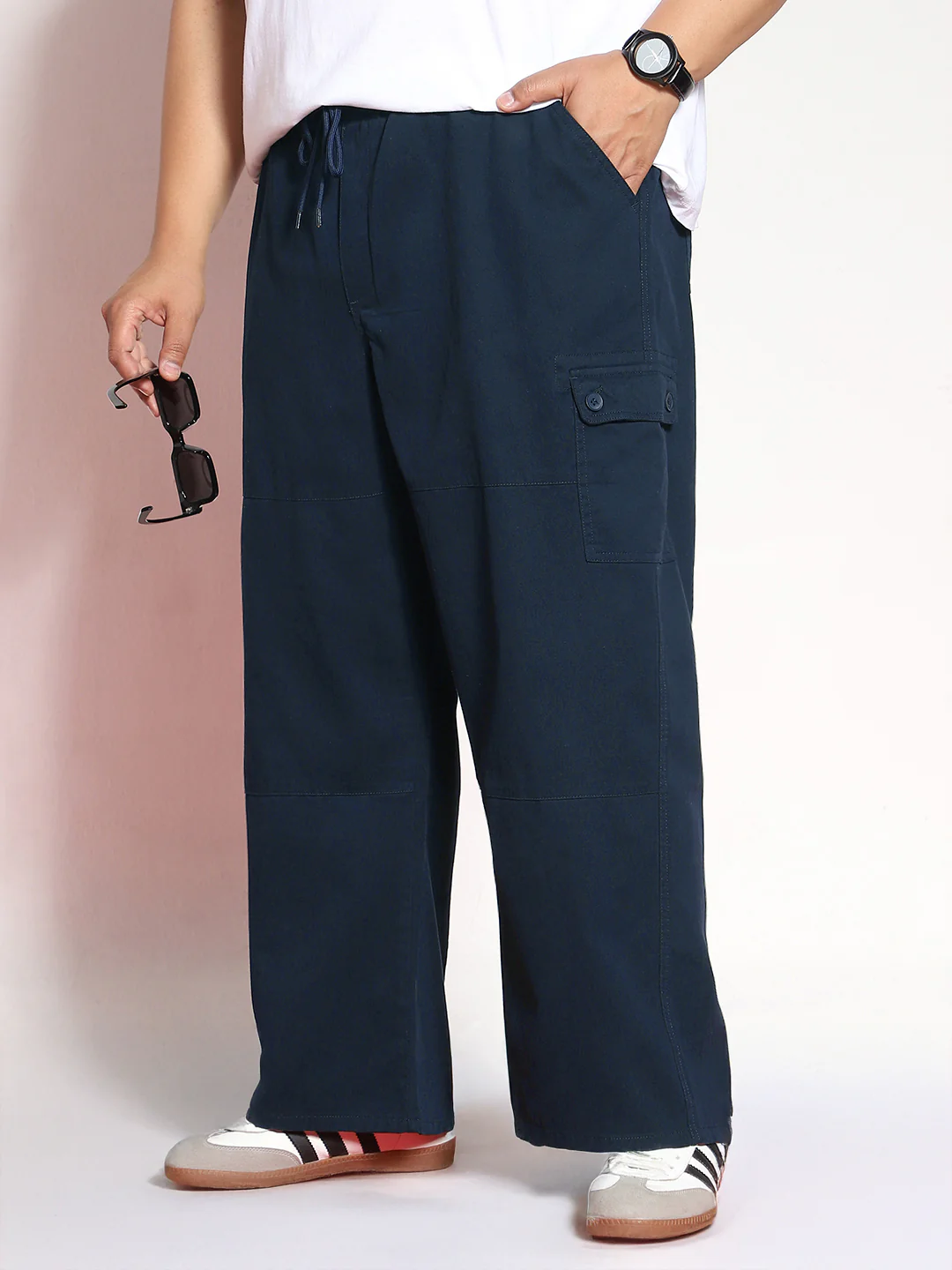 Plus Men's Navy Loose Baggy Fit Cargo Jogger Chino Pant with 6 Pockets Stretchable - Image 2