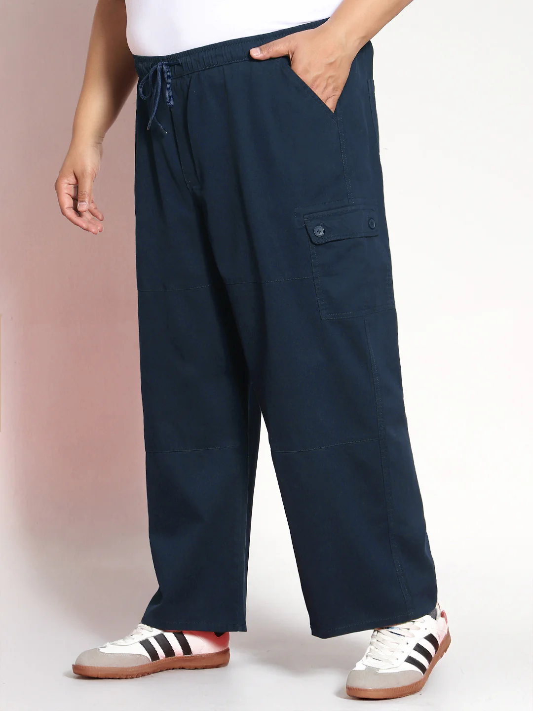 Plus Men's Navy Loose Baggy Fit Cargo Jogger Chino Pant with 6 Pockets Stretchable - Image 4
