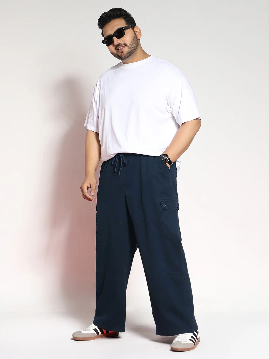 Plus Men's Navy Loose Baggy Fit Cargo Jogger Chino Pant with 6 Pockets Stretchable - Image 5