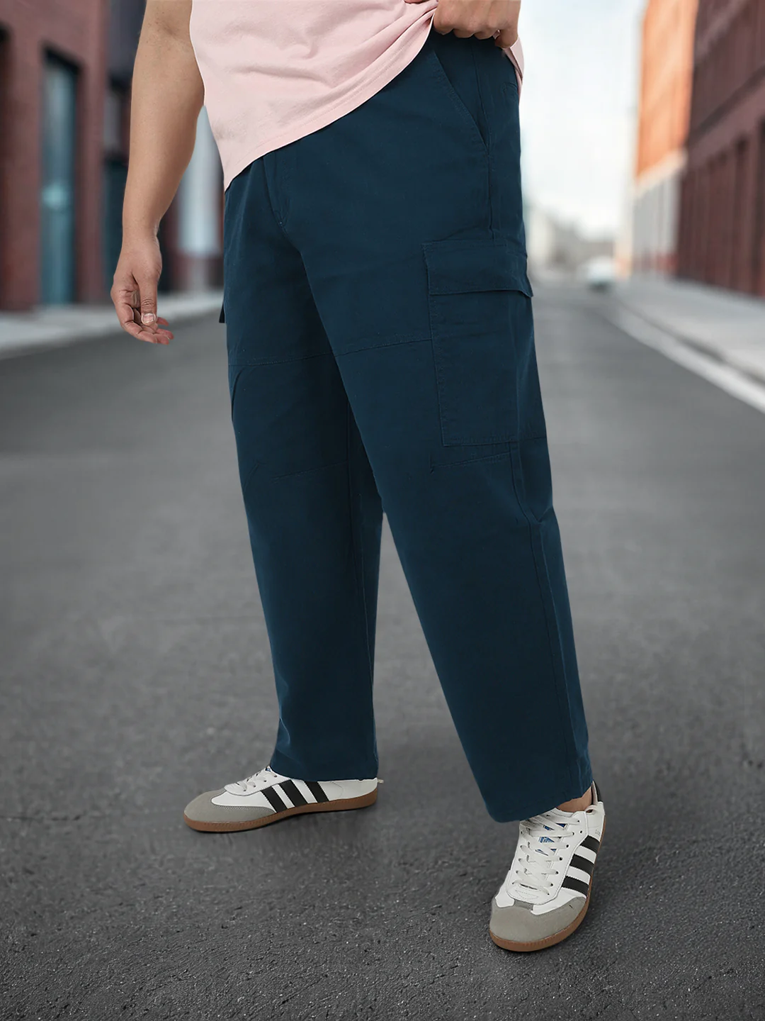 Plus Men's Navy Loose Baggy Fit Solid Cargo Chino Pant with 6 Pockets Non-Stretchable - Image 2
