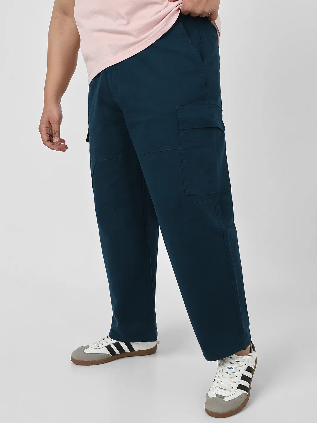 Plus Men's Navy Loose Baggy Fit Solid Cargo Chino Pant with 6 Pockets Non-Stretchable - Image 3
