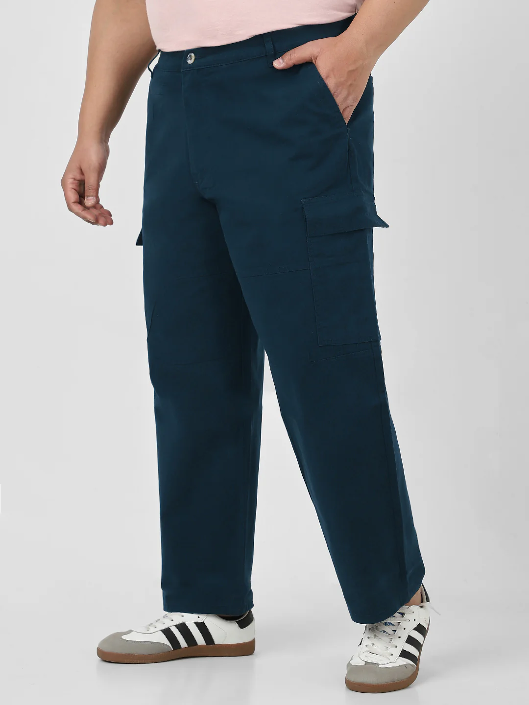 Plus Men's Navy Loose Baggy Fit Solid Cargo Chino Pant with 6 Pockets Non-Stretchable - Image 4