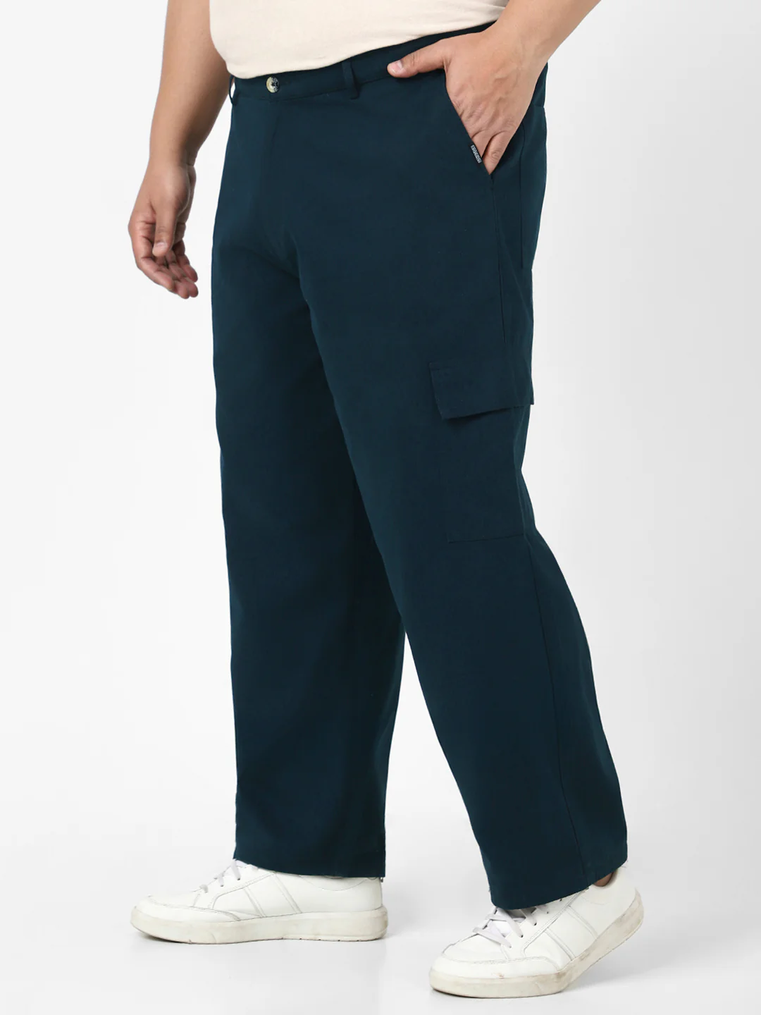 Plus Men's Navy Loose Baggy Fit Solid Cargo Chino Pant with 6 Pockets Non-Stretchable - Image 2