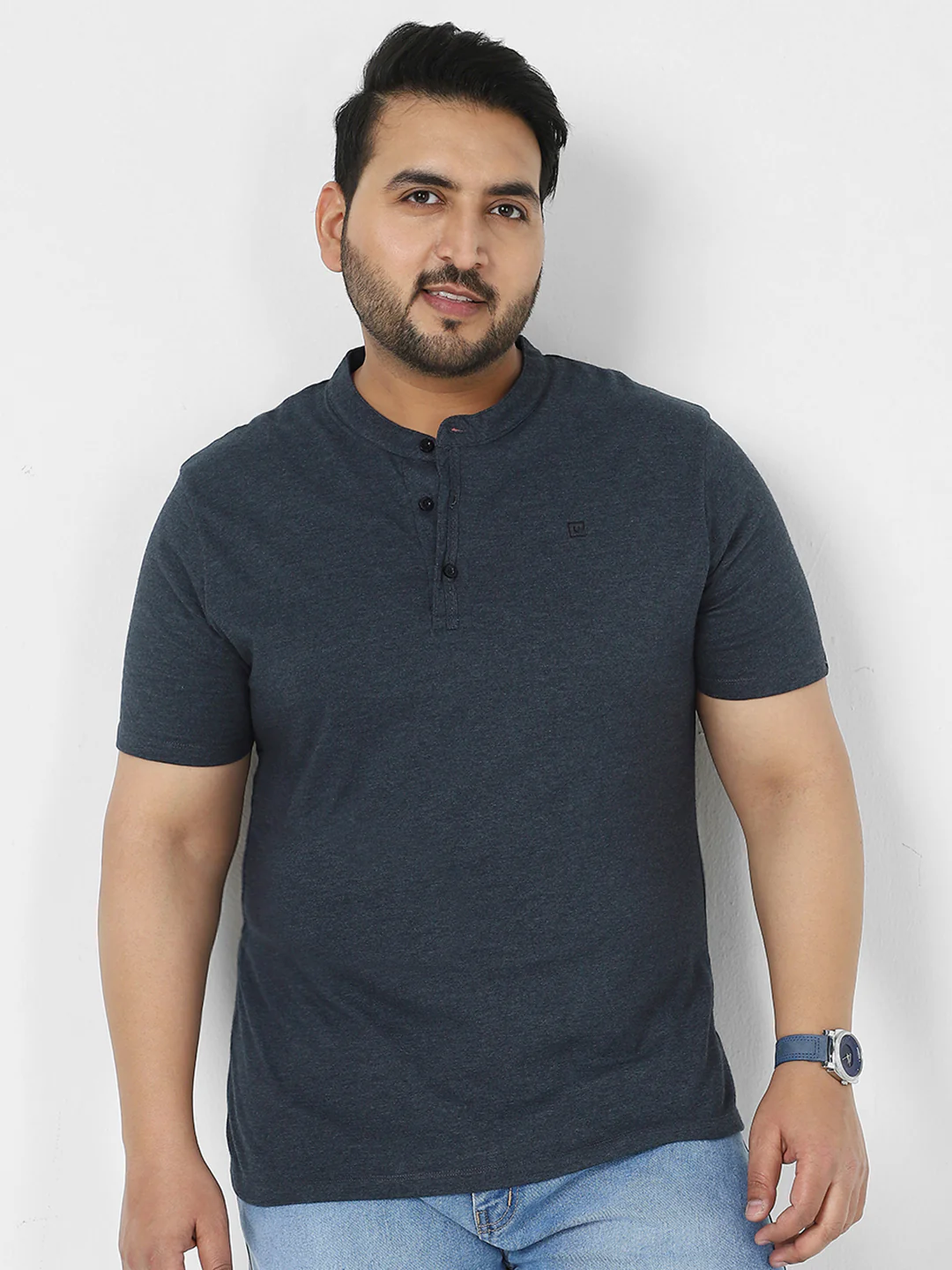 Plus Men's Navy Melange Solid Mandarin Collar Regular Fit Half Sleeve Cotton T-Shirt