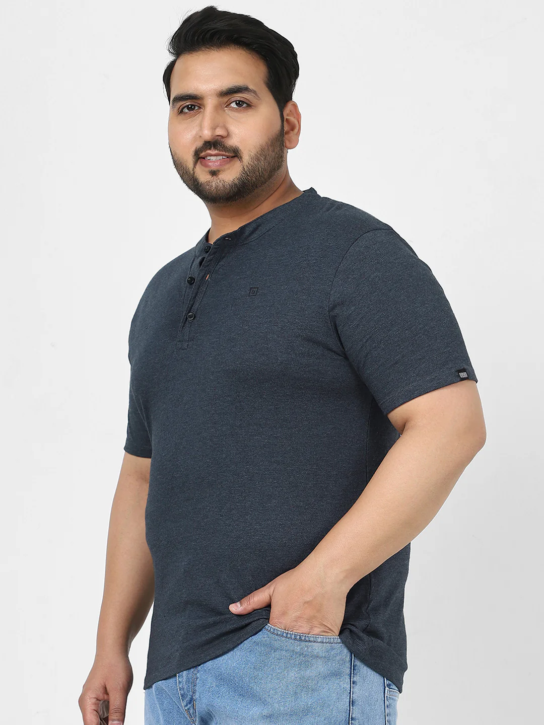 Plus Men's Navy Melange Solid Mandarin Collar Regular Fit Half Sleeve Cotton T-Shirt - Image 2