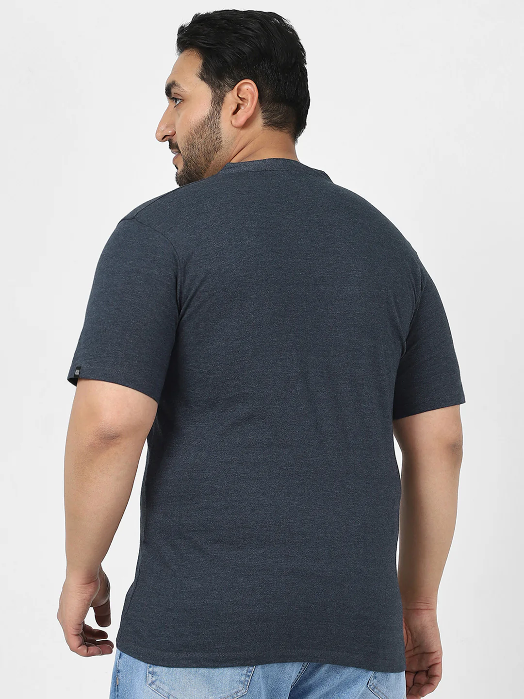 Plus Men's Navy Melange Solid Mandarin Collar Regular Fit Half Sleeve Cotton T-Shirt - Image 3