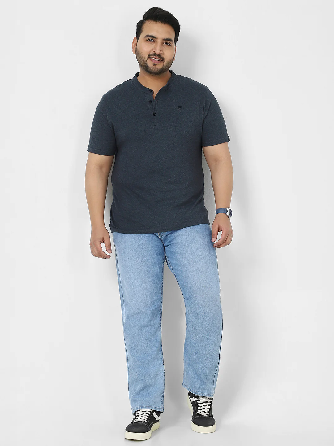 Plus Men's Navy Melange Solid Mandarin Collar Regular Fit Half Sleeve Cotton T-Shirt - Image 4