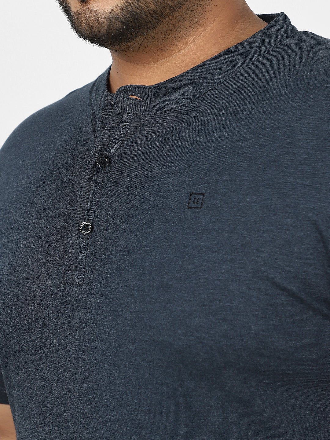 Plus Men's Navy Melange Solid Mandarin Collar Regular Fit Half Sleeve Cotton T-Shirt - Image 5