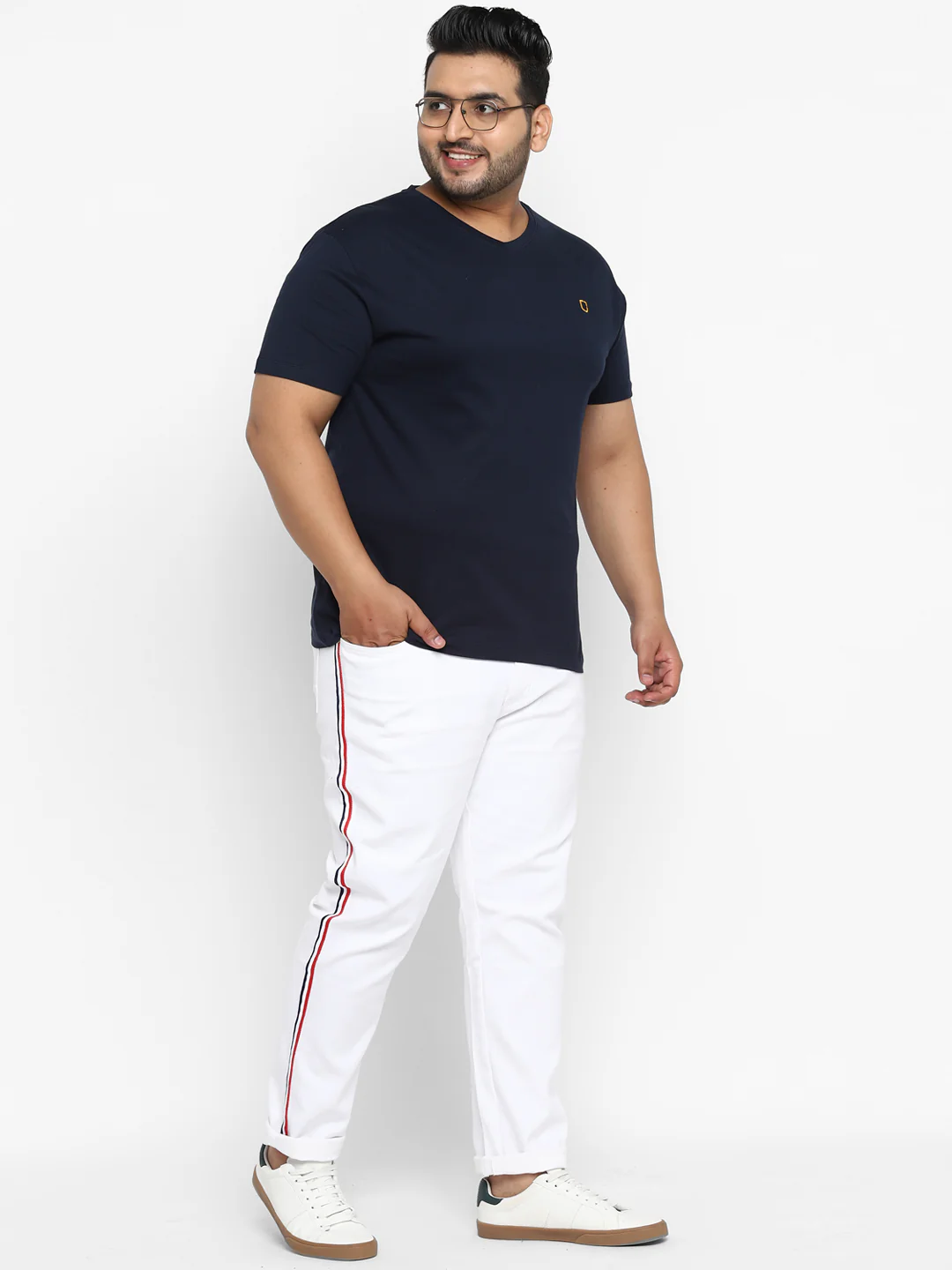 Plus Men's Navy Printed Full Sleeve Regular Fit Cotton T-Shirt - Image 4