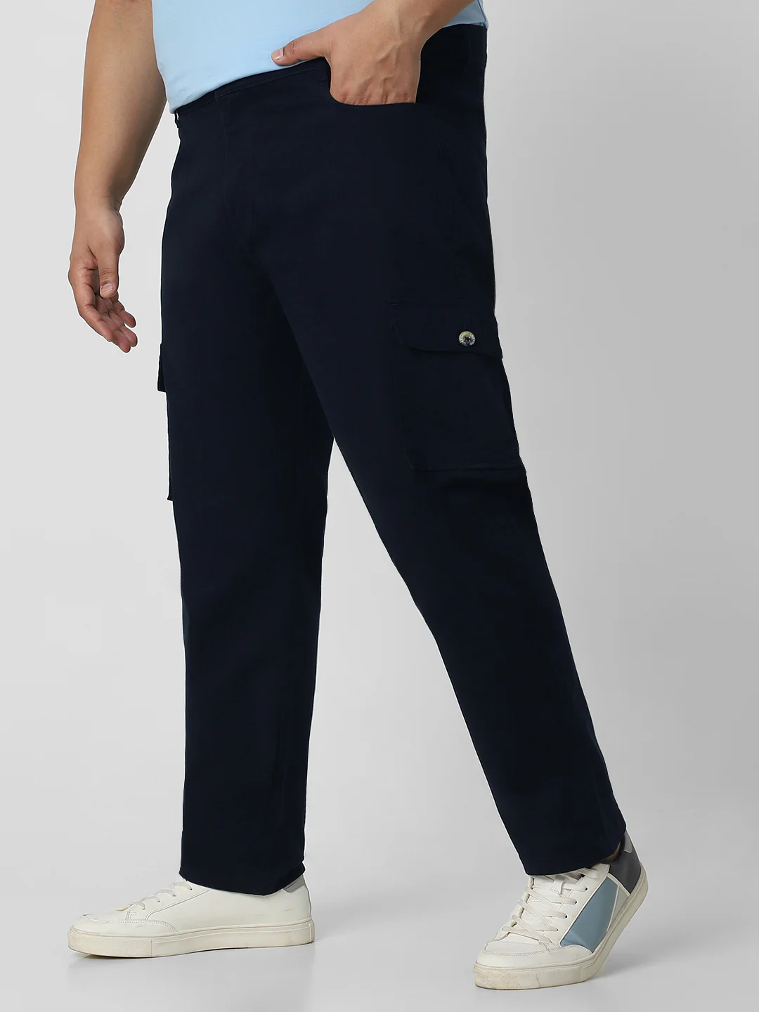 Plus Men's Navy Regular Fit Solid Cargo Chino Pant with 6 Pockets Stretchable - Image 2
