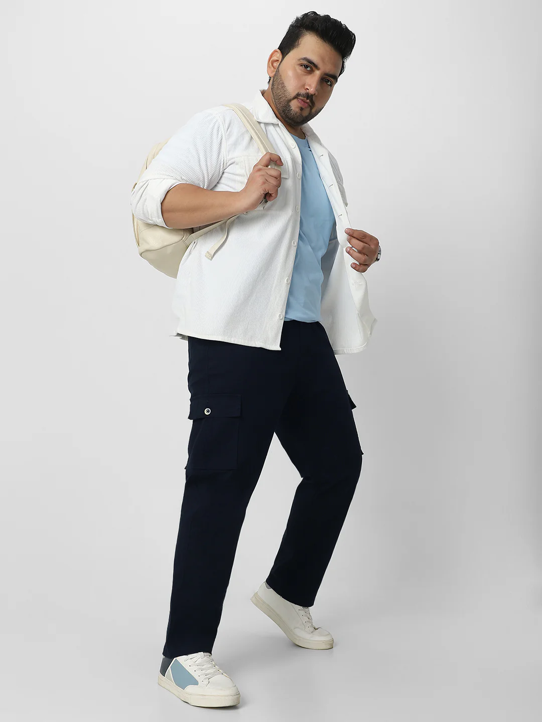 Plus Men's Navy Regular Fit Solid Cargo Chino Pant with 6 Pockets Stretchable - Image 4