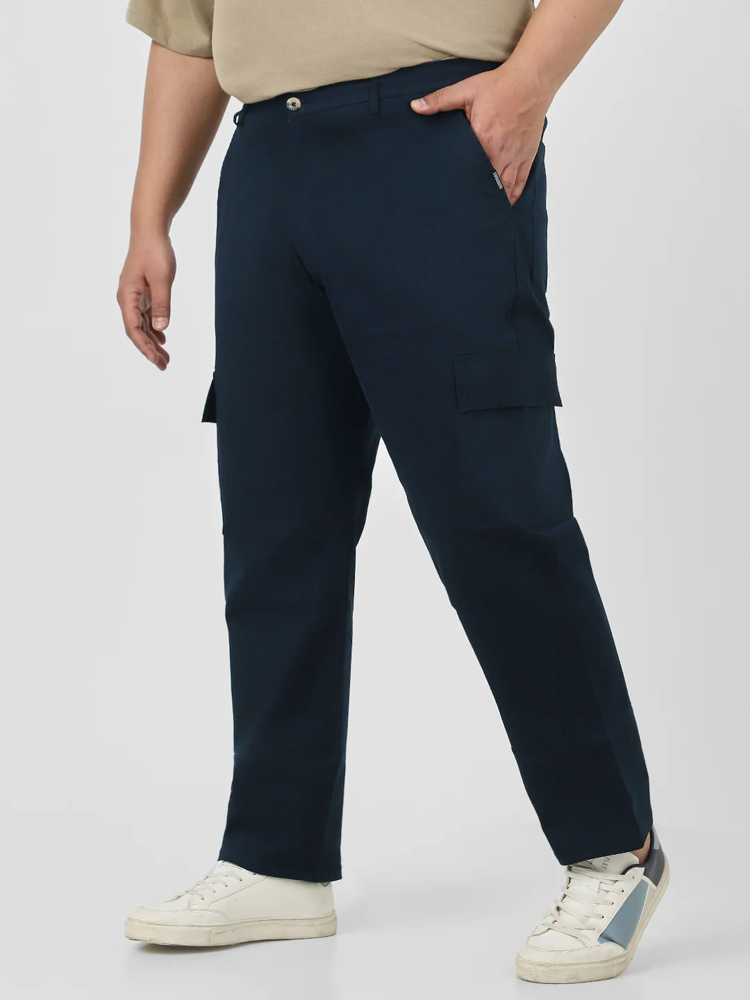 Plus Men's Navy Regular Fit Solid Cargo Chino Pant with 6 Pockets Stretchable - Image 2