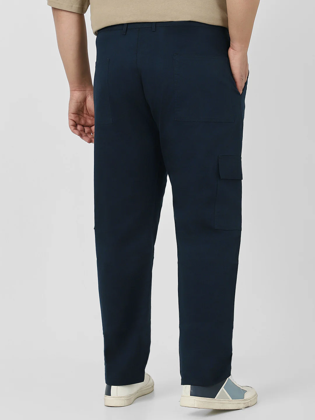 Plus Men's Navy Regular Fit Solid Cargo Chino Pant with 6 Pockets Stretchable - Image 3