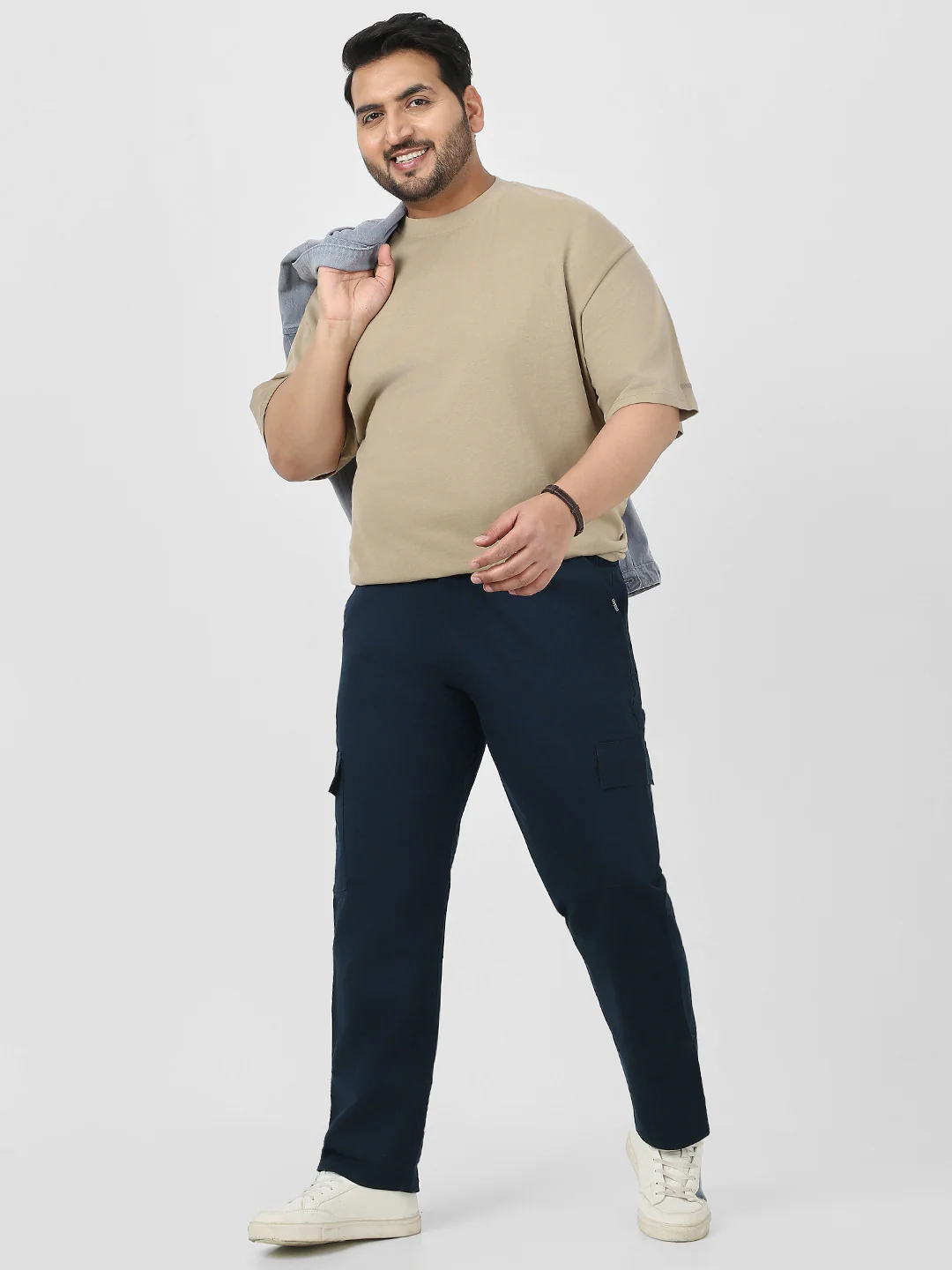 Plus Men's Navy Regular Fit Solid Cargo Chino Pant with 6 Pockets Stretchable - Image 4