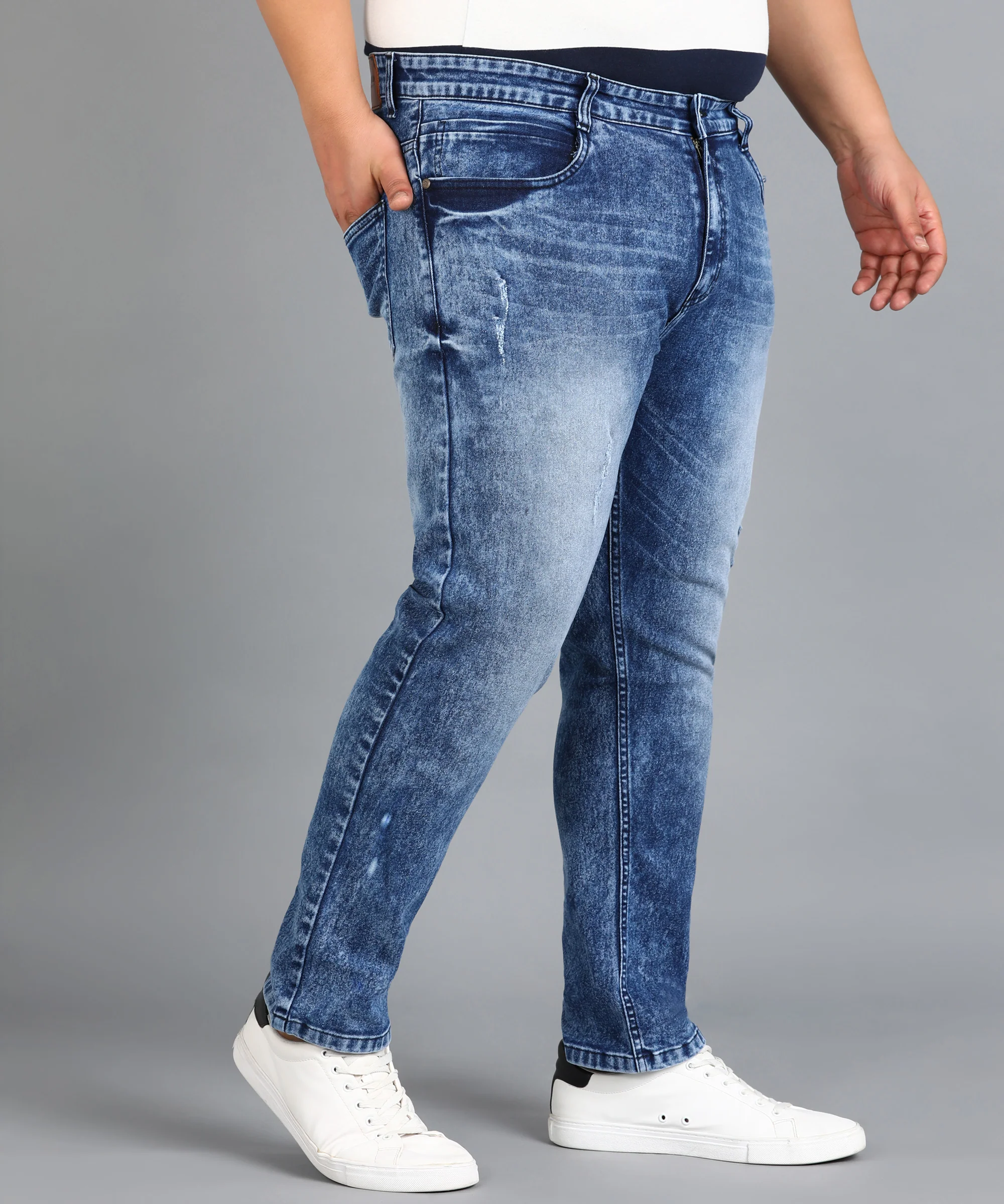 Plus Men's Navy Slim Fit Mild Distressed/Torn Jeans Stretchable - Image 2