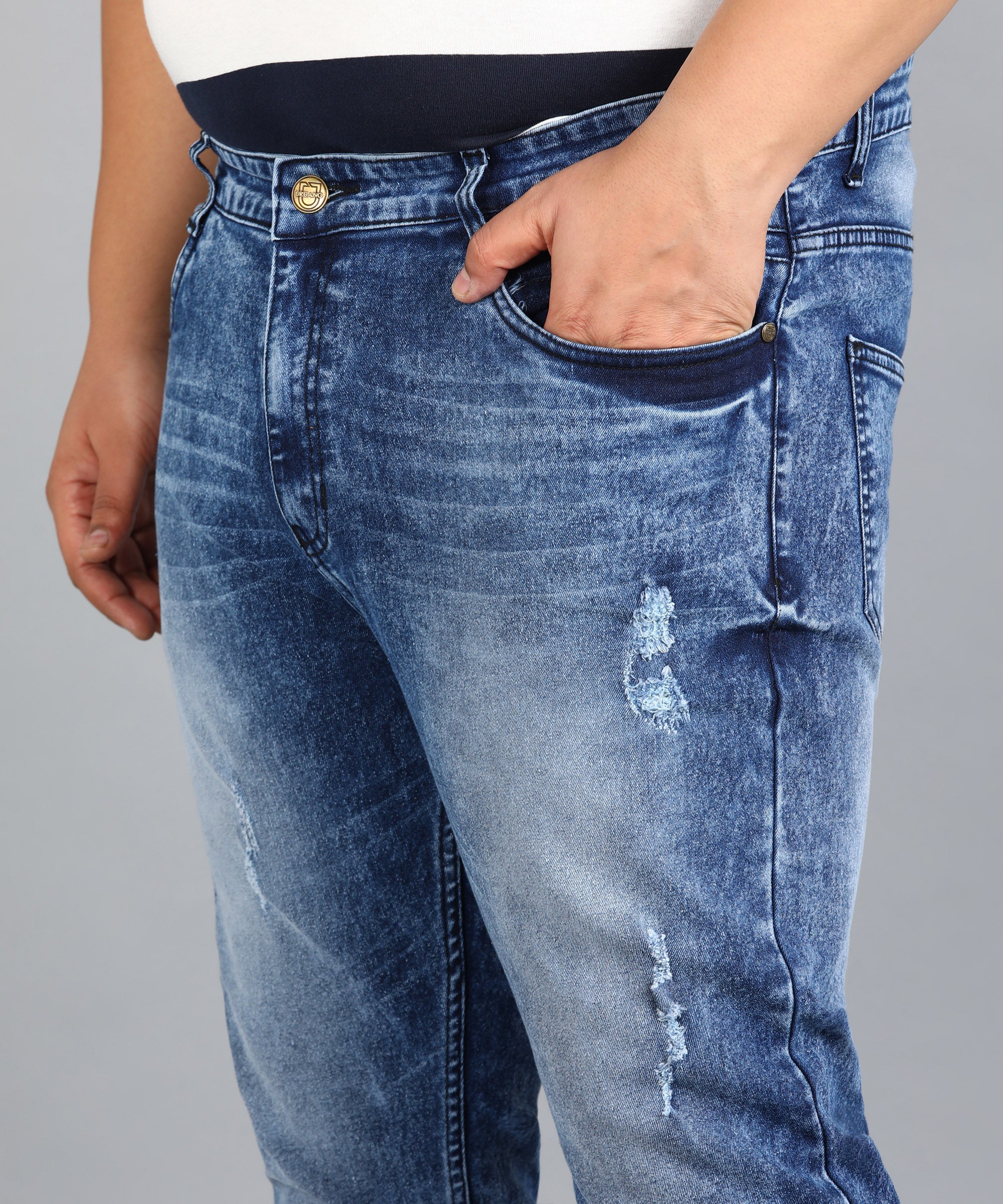 Plus Men's Navy Slim Fit Mild Distressed/Torn Jeans Stretchable - Image 5