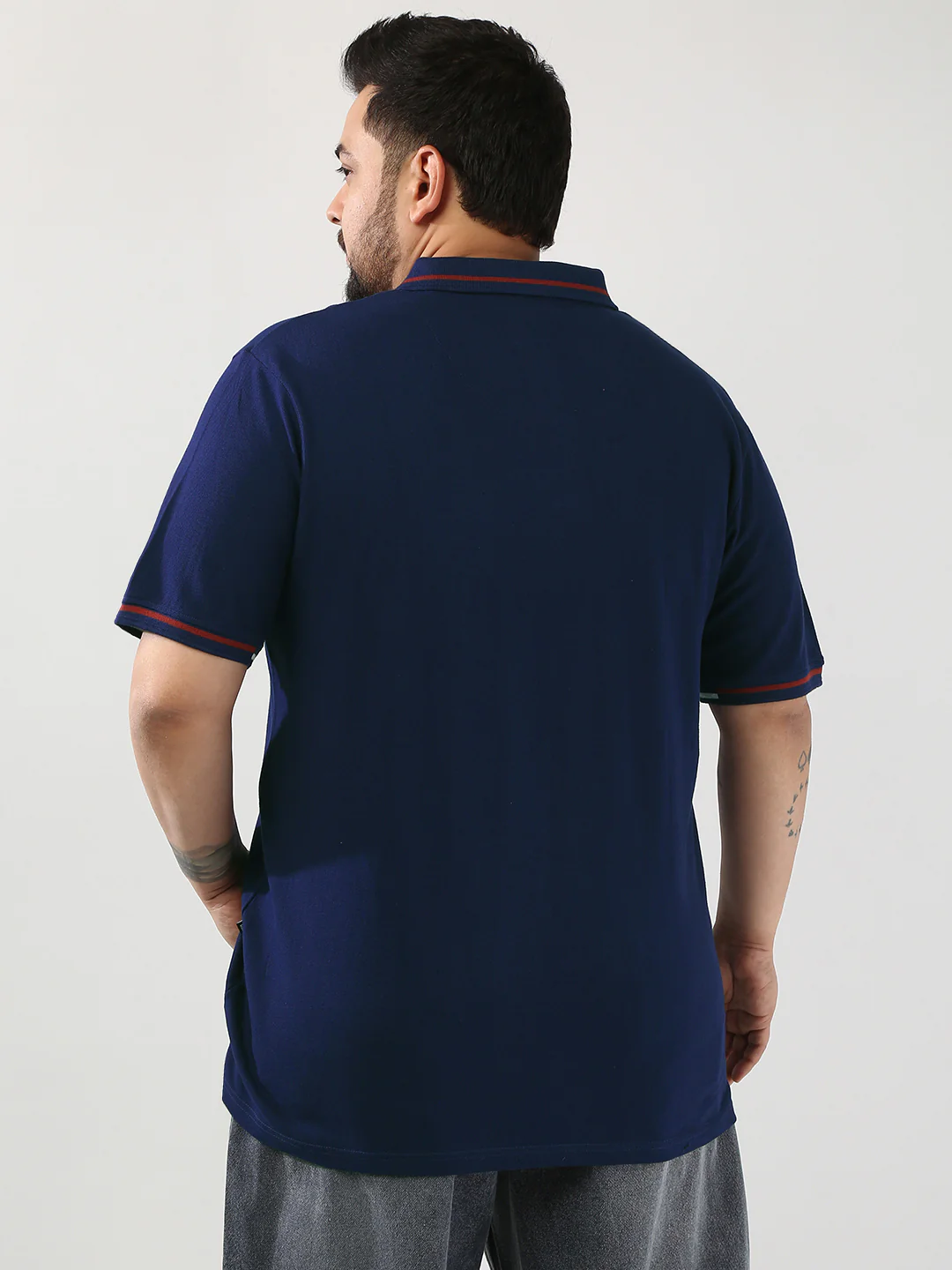 Plus Men's Navy Solid Regular Fit Half Sleeve Cotton Polo T-Shirt - Image 3