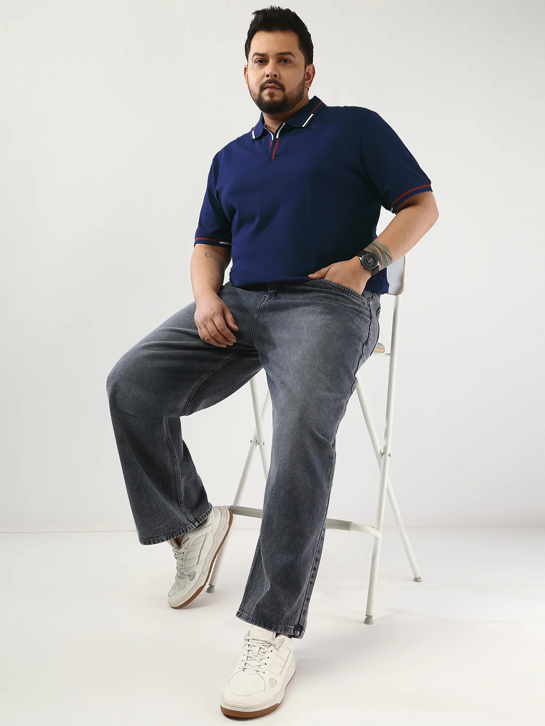 Plus Men's Navy Solid Regular Fit Half Sleeve Cotton Polo T-Shirt - Image 4
