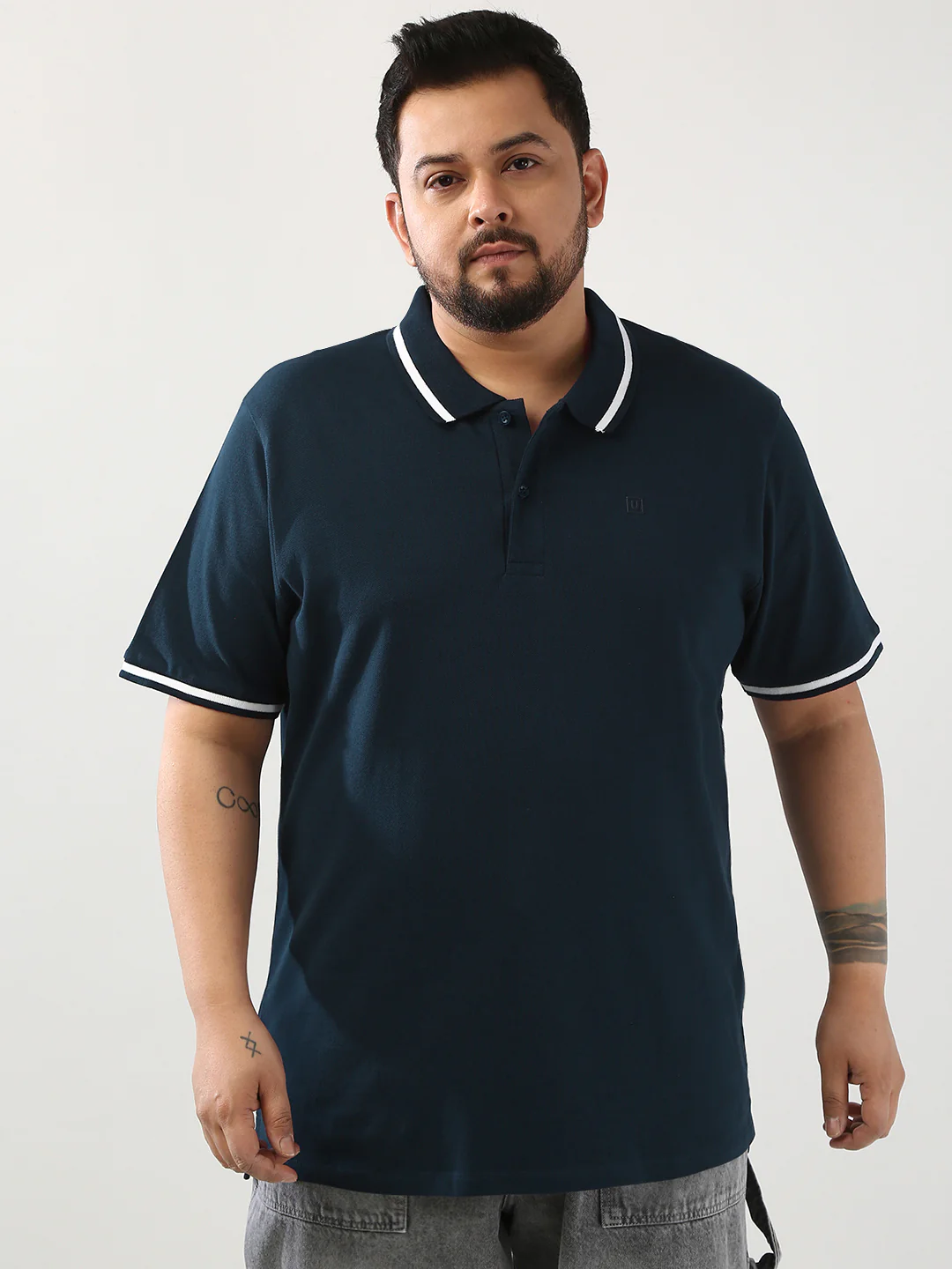 Plus Men's Navy Solid Regular Fit Half Sleeve Cotton Polo T-Shirt - Image 2