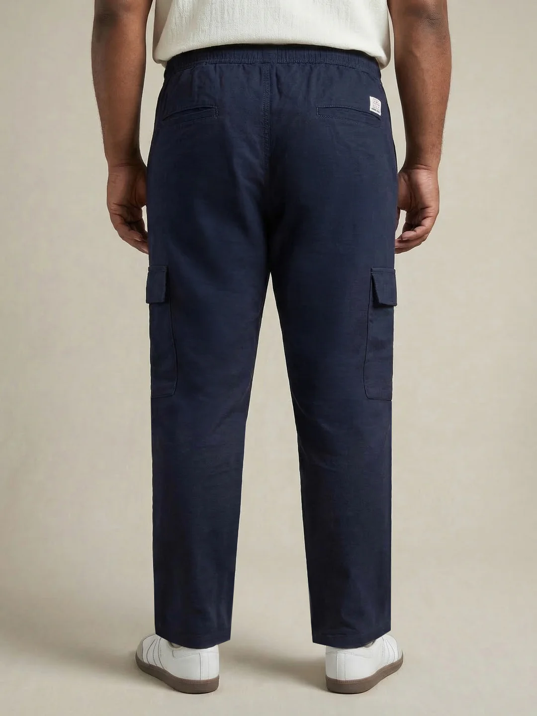 Plus Men's Navy Straight Fit Linen Cargo Pants with 6 Pockets - Image 3