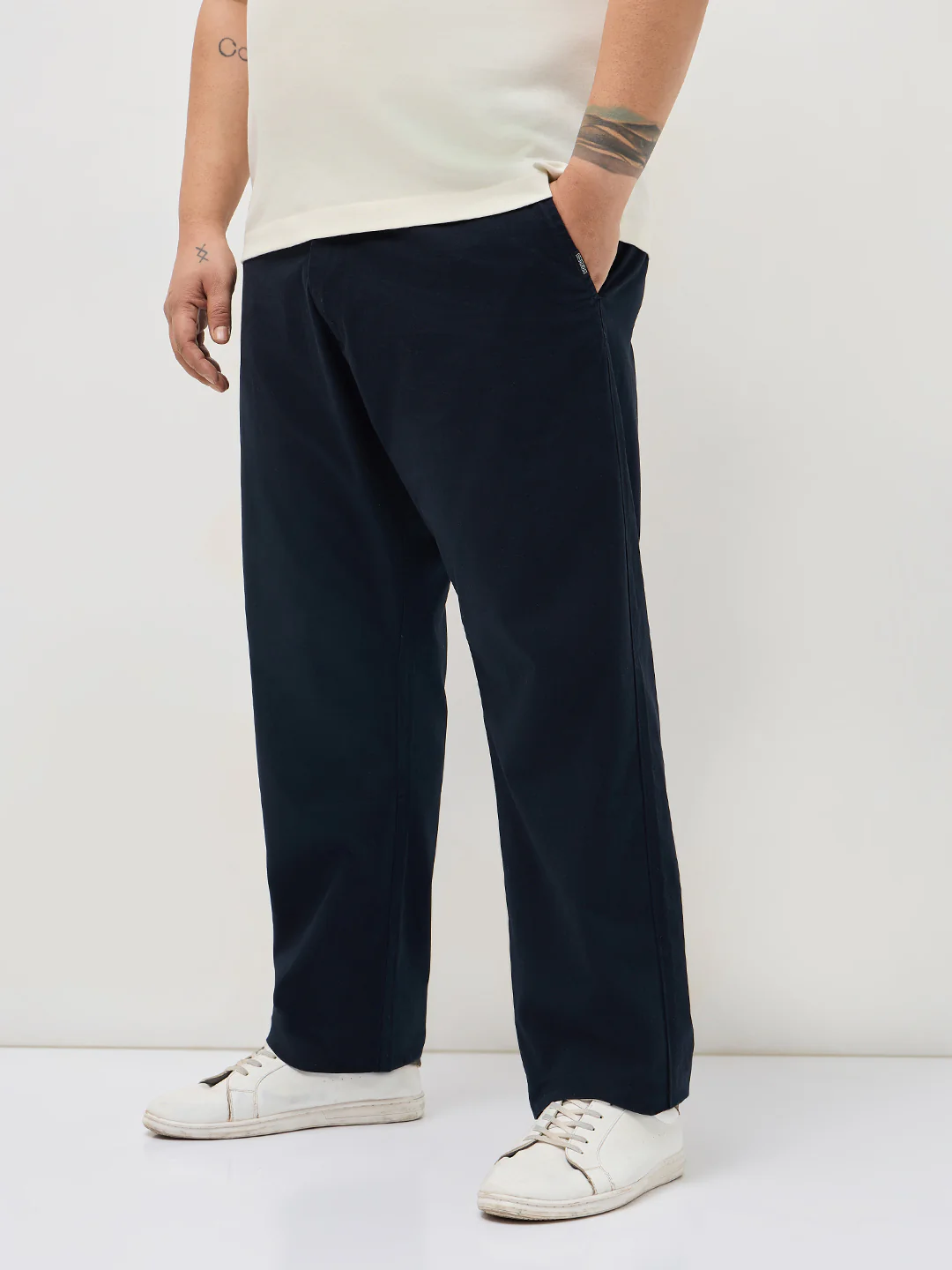 Plus Men's Navy Straight Fit Mid Rise Cotton Casual Chinos Trousers Stretch - Image 2