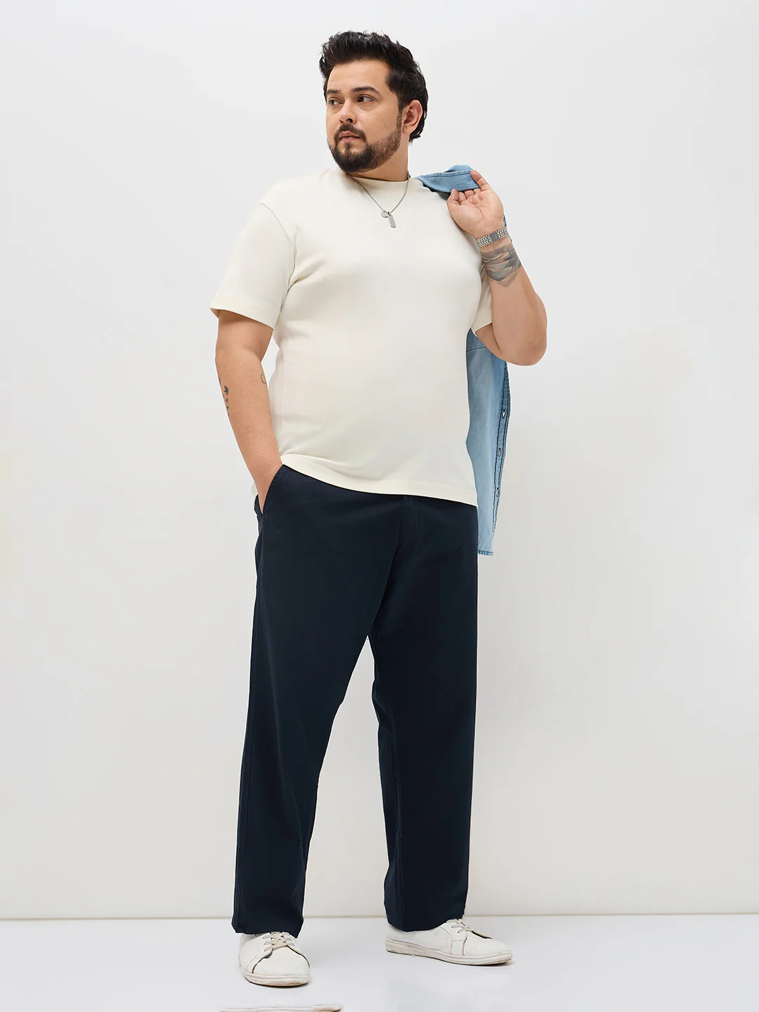 Plus Men's Navy Straight Fit Mid Rise Cotton Casual Chinos Trousers Stretch - Image 4