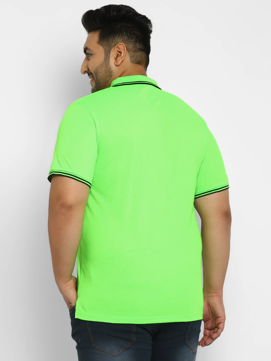 Plus Men's Neon Green Solid Regular Fit Half Sleeve Cotton Polo T-Shirt - Image 3