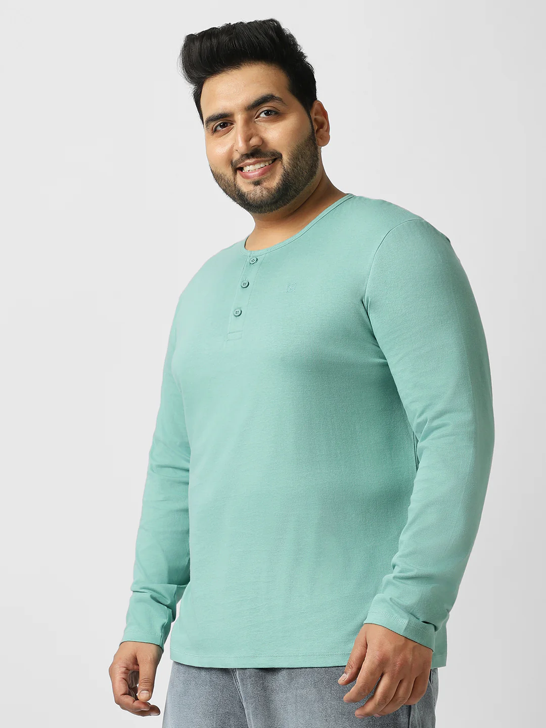 Plus Men's Nile Blue Solid Henley Neck Regular Fit Full Sleeve Cotton T-Shirt - Image 2
