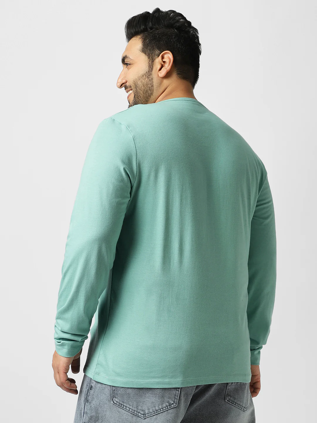 Plus Men's Nile Blue Solid Henley Neck Regular Fit Full Sleeve Cotton T-Shirt - Image 3