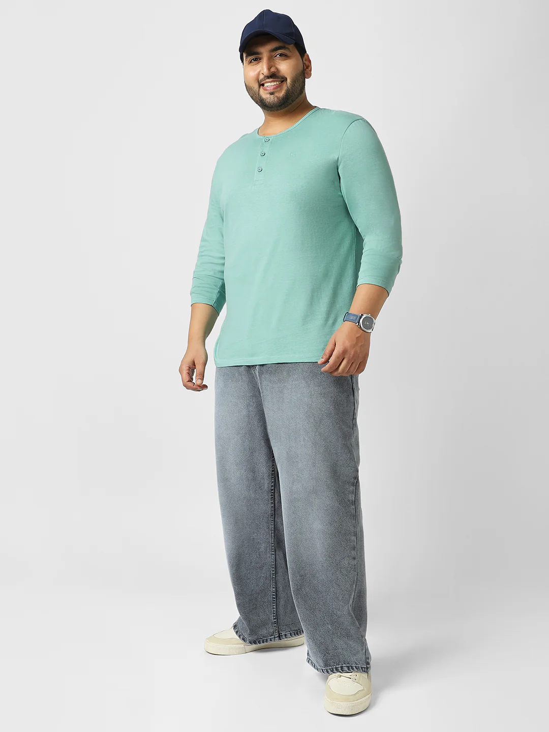 Plus Men's Nile Blue Solid Henley Neck Regular Fit Full Sleeve Cotton T-Shirt - Image 4