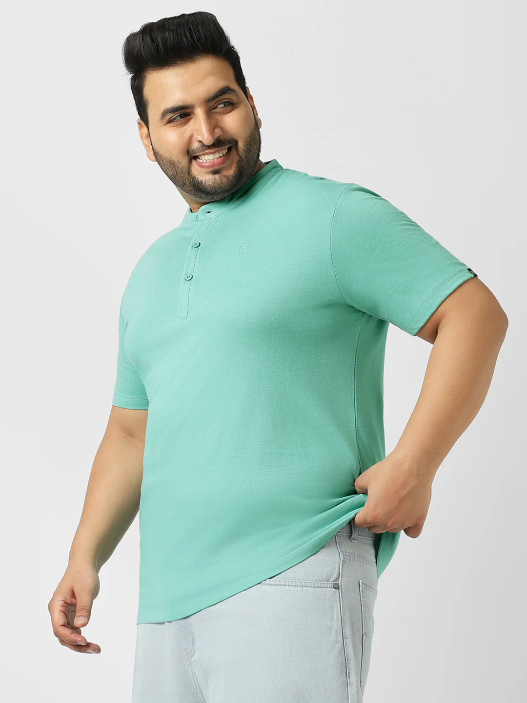 Plus Men's Nile Blue Solid Mandarin Collar Regular Fit Half Sleeve Cotton T-Shirt - Image 2