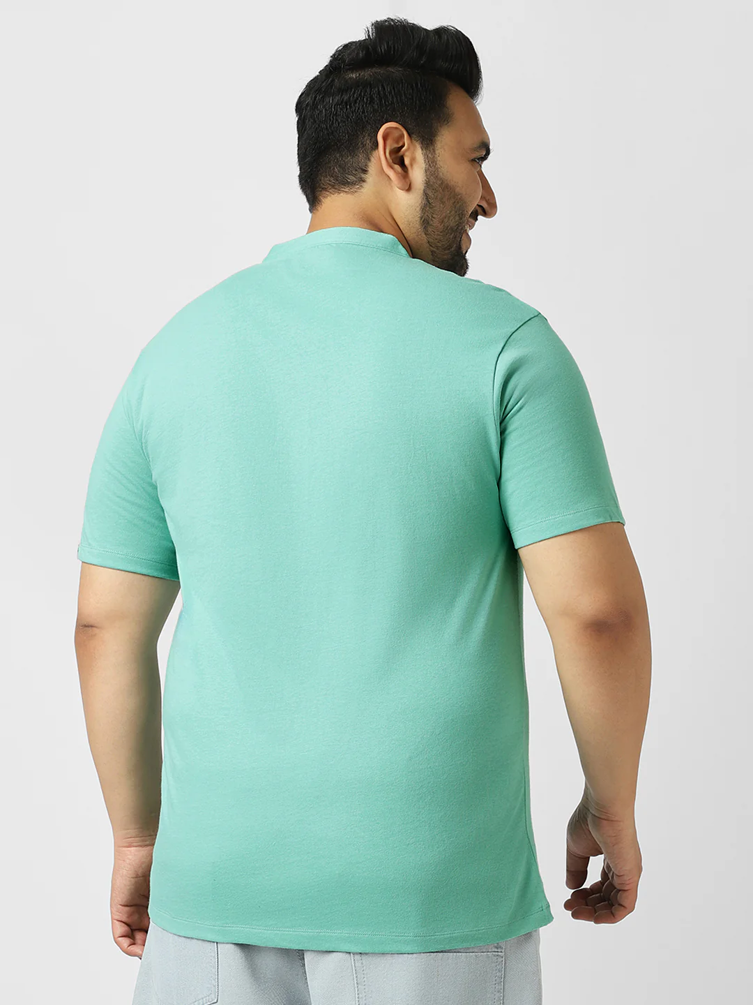 Plus Men's Nile Blue Solid Mandarin Collar Regular Fit Half Sleeve Cotton T-Shirt - Image 3