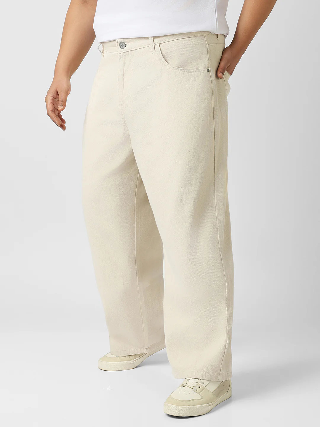 Plus Men's Off White Loose Baggy Fit Washed Jeans Non-Stretchable - Image 2