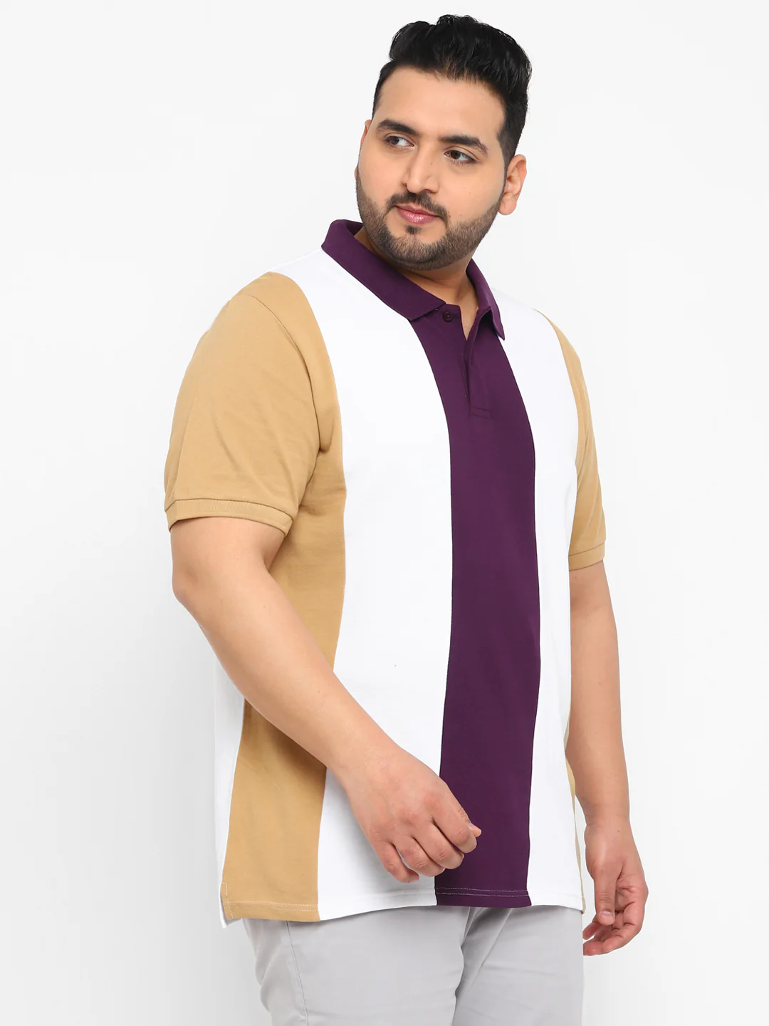 Plus Men's Off White, Purple, Khaki Colour-Block Regular Fit Half Sleeve Cotton Polo T-Shirt - Image 2