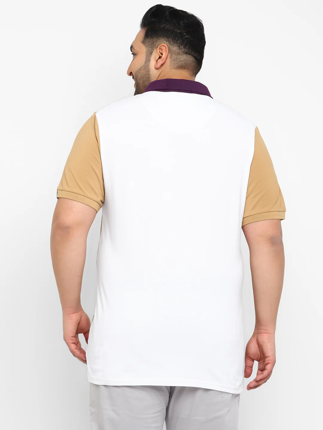 Plus Men's Off White, Purple, Khaki Colour-Block Regular Fit Half Sleeve Cotton Polo T-Shirt - Image 3