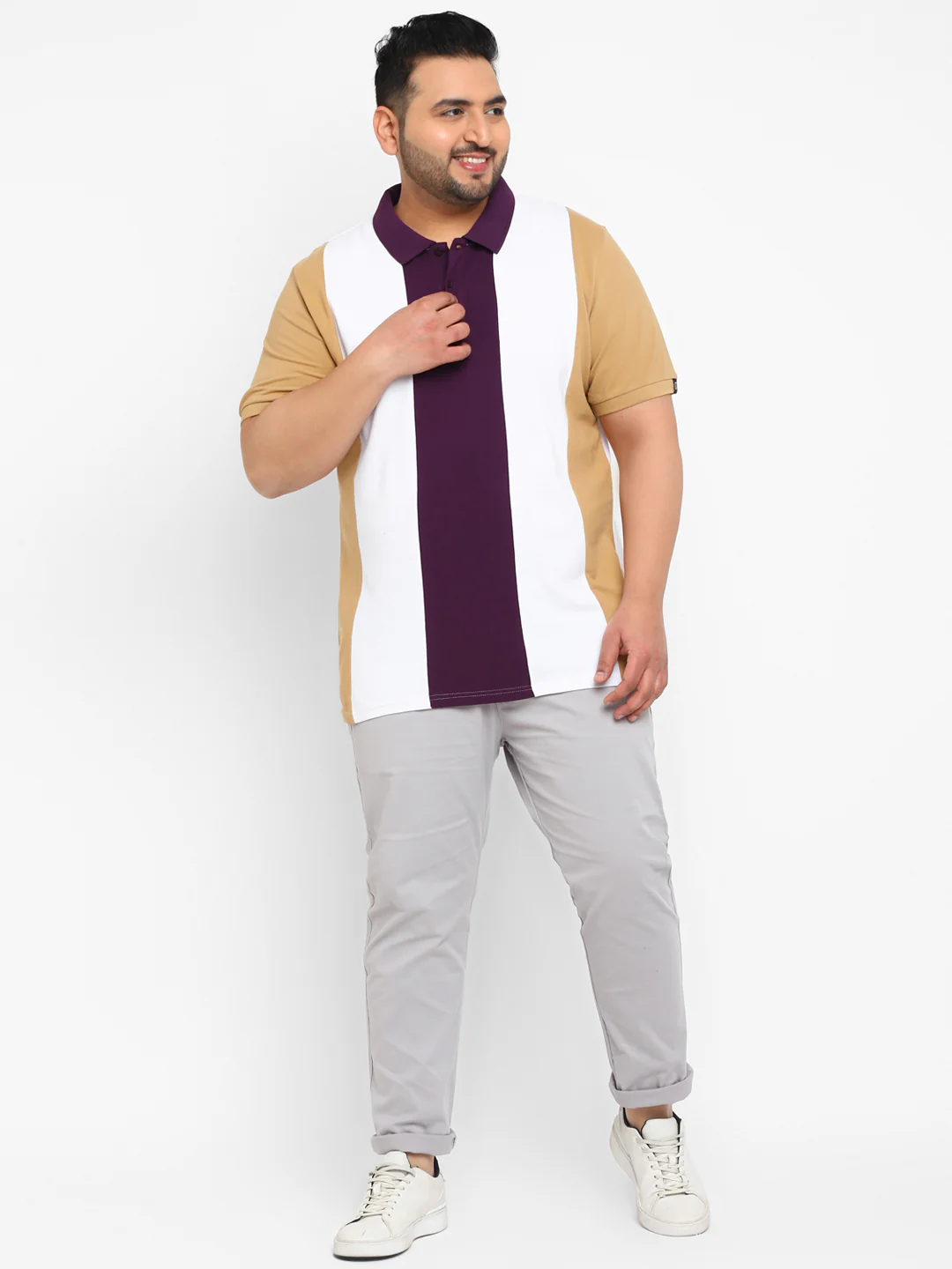 Plus Men's Off White, Purple, Khaki Colour-Block Regular Fit Half Sleeve Cotton Polo T-Shirt - Image 4