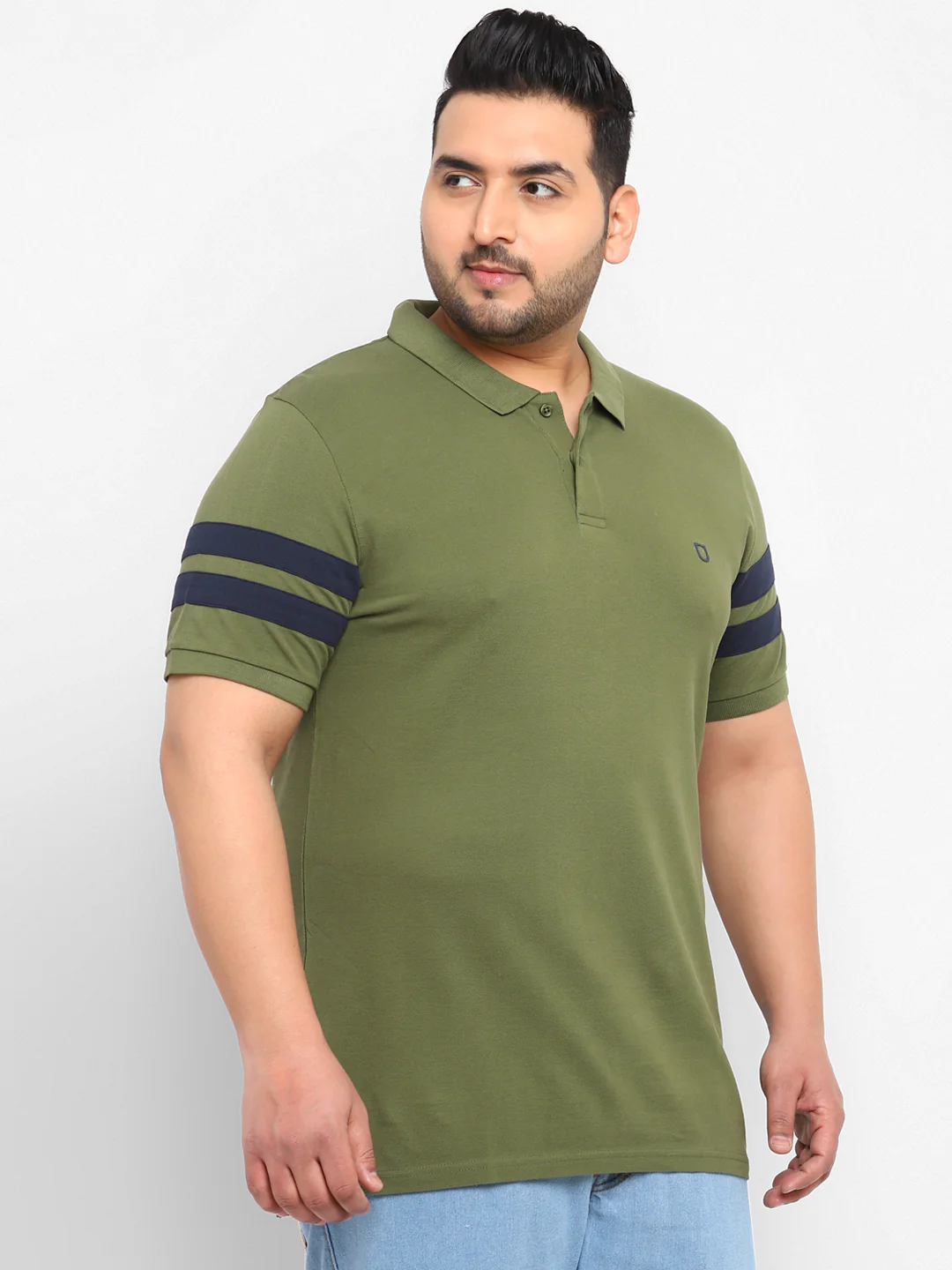 Plus Men's Oive, Navy Blue Colour-Block Regular Fit Half Sleeve Cotton Polo T-Shirt - Image 2