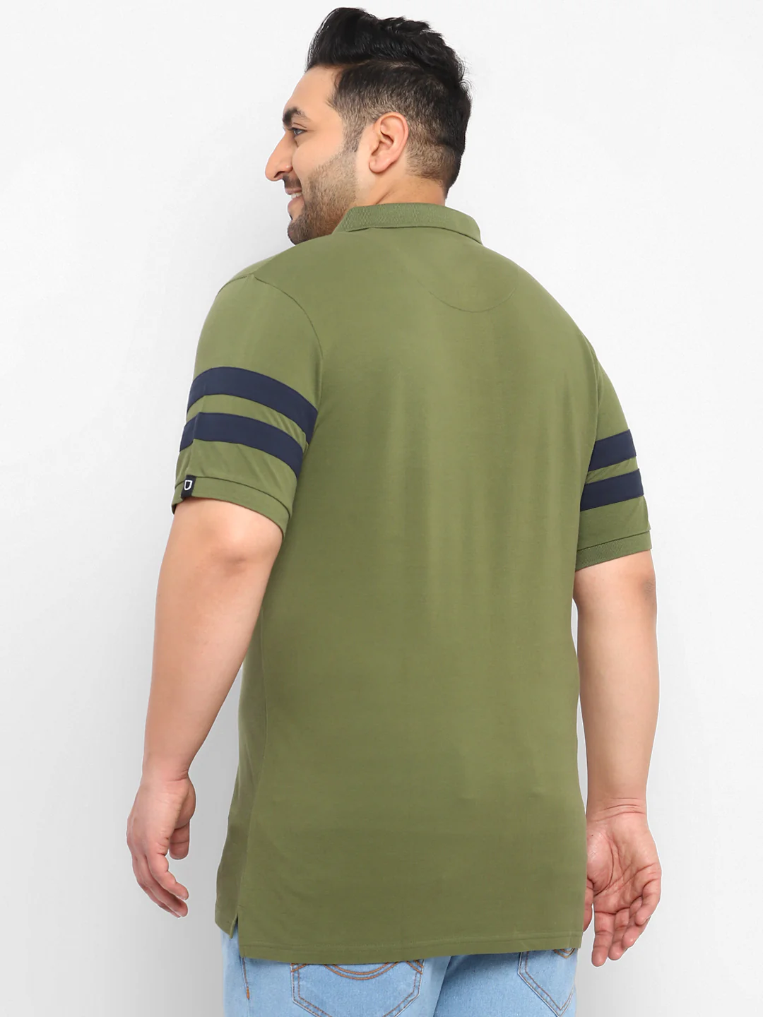 Plus Men's Oive, Navy Blue Colour-Block Regular Fit Half Sleeve Cotton Polo T-Shirt - Image 3