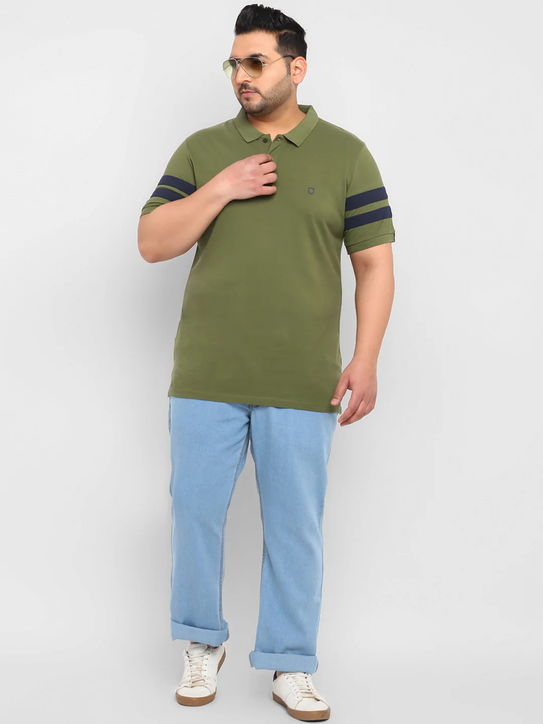 Plus Men's Oive, Navy Blue Colour-Block Regular Fit Half Sleeve Cotton Polo T-Shirt - Image 4