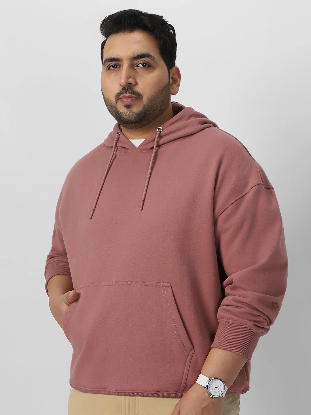 Plus Men's Old Rose Cotton Solid Oversized Hooded Neck Sweatshirt