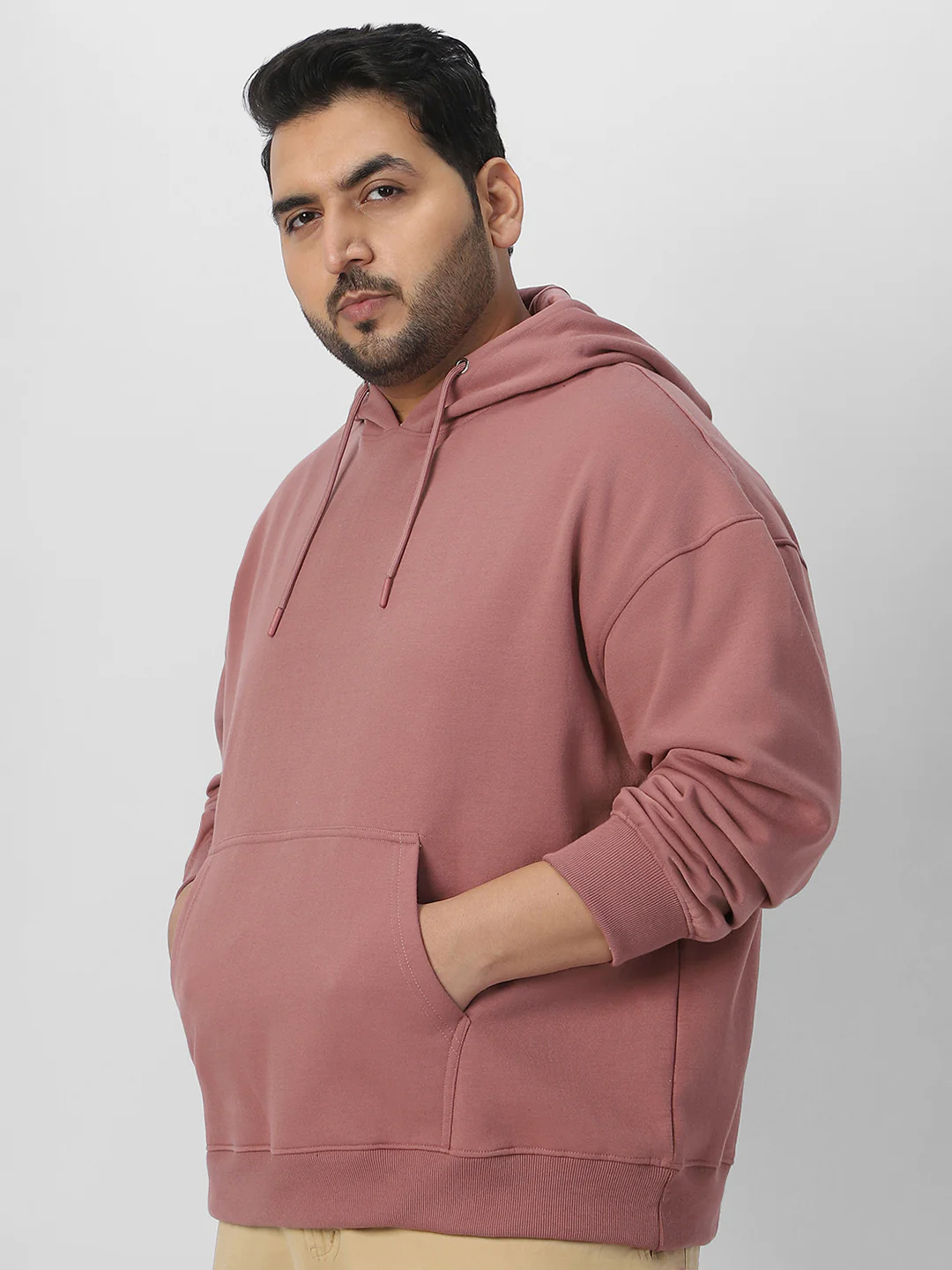 Plus Men's Old Rose Cotton Solid Oversized Hooded Neck Sweatshirt - Image 2