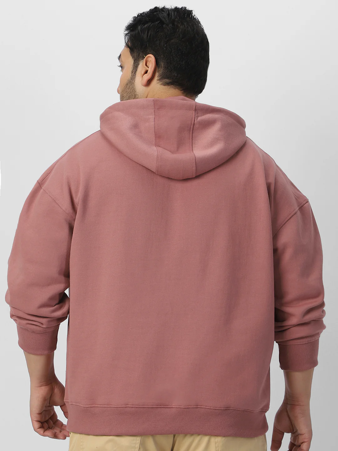 Plus Men's Old Rose Cotton Solid Oversized Hooded Neck Sweatshirt - Image 3